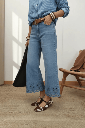 Embroidered High Waist Jeans - Dusk Blue Wide Leg Cropped - minbolu -