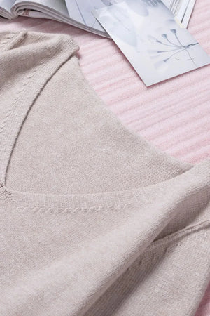 Exposed Seam Fringe Hem V-Neck Long Sleeve Sweater - minbolu -