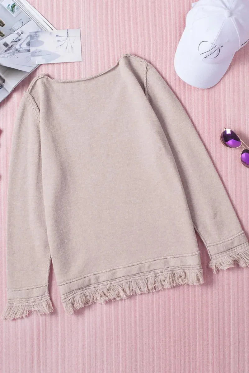 Exposed Seam Fringe Hem V-Neck Long Sleeve Sweater - minbolu -