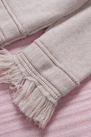 Exposed Seam Fringe Hem V-Neck Long Sleeve Sweater - minbolu -