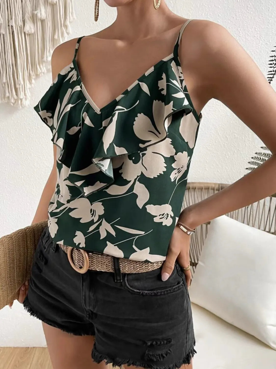 Ruffled Printed V-Neck Cami - minbolu -