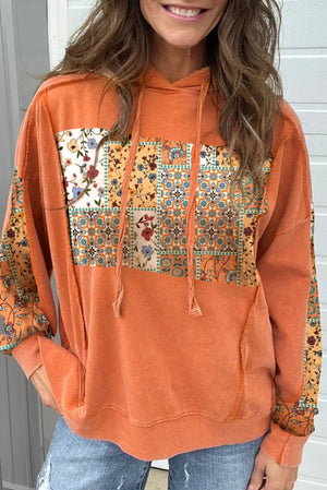 Flamingo Mix Floral Patchwork Side Slit Drawstring Hoodie - minbolu -