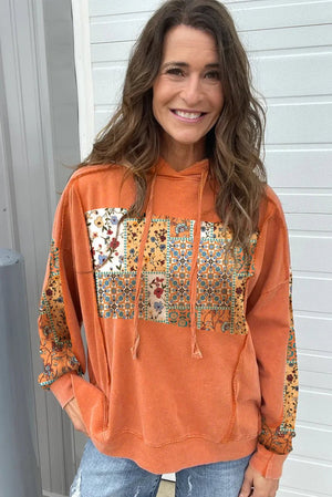 Flamingo Mix Floral Patchwork Side Slit Drawstring Hoodie - minbolu -