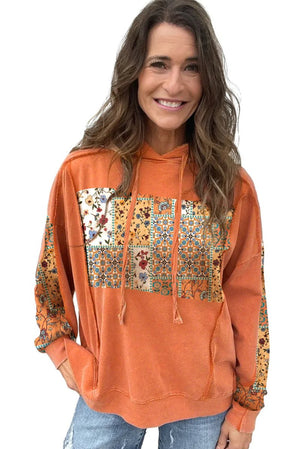 Flamingo Mix Floral Patchwork Side Slit Drawstring Hoodie - minbolu -