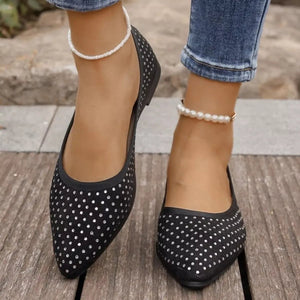 Flat Slip-On Point Toe Flats - Rhinestone Embellished Women's Shoes - minbolu -