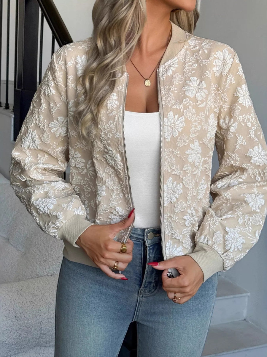 Floral Lightweight Zip Up Jacket - minbolu -