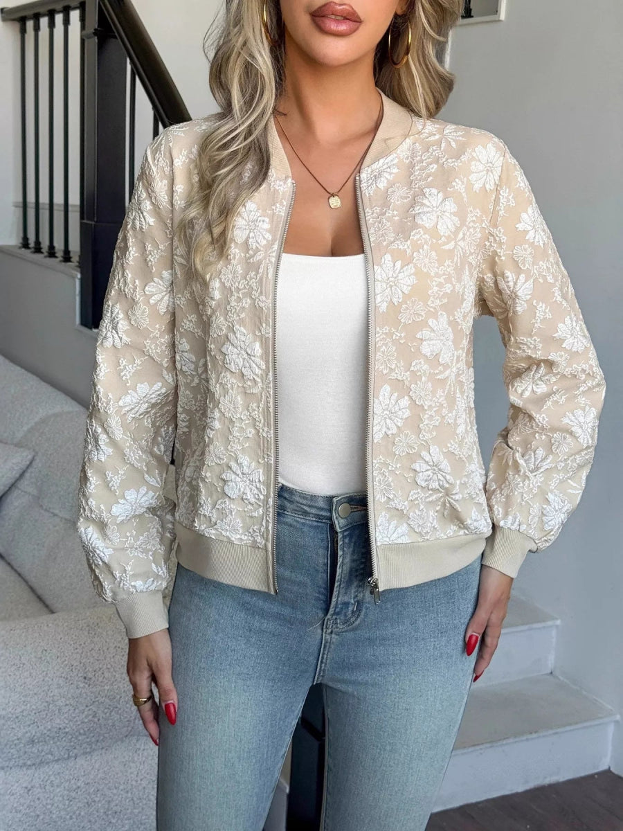 Floral Lightweight Zip Up Jacket - minbolu -