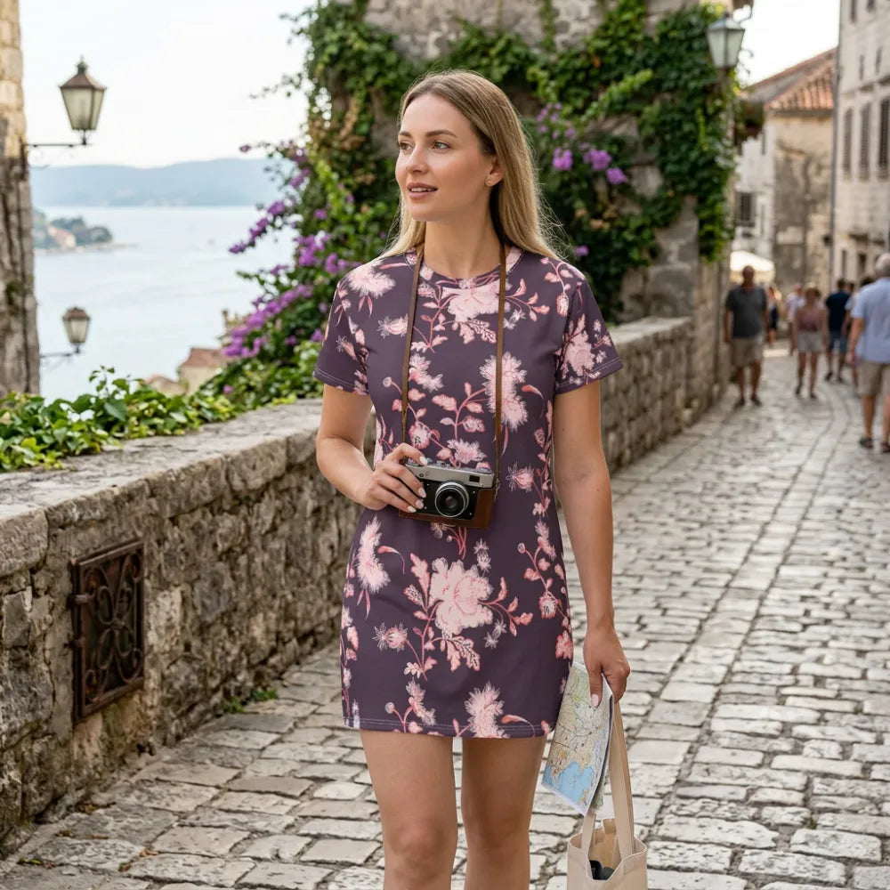 Woman in a floral dress standing on a cobblestone street with a camera, surrounded by greenery and water.