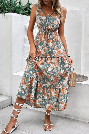Floral Print Trimmed V Neck Tie Waist Sleeveless Dress - minbolu -