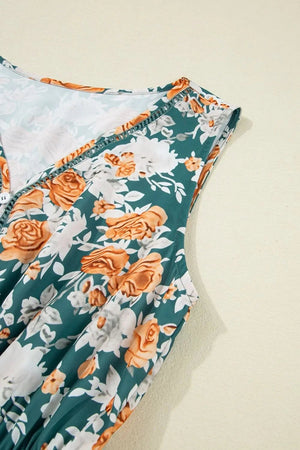 Floral Print Trimmed V Neck Tie Waist Sleeveless Dress - minbolu -