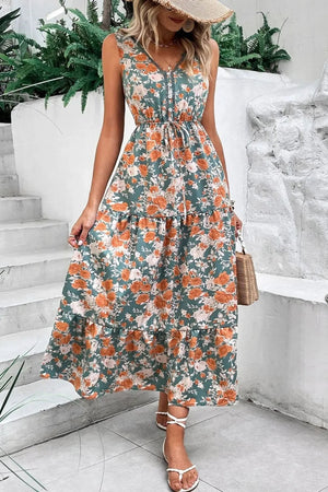 Floral Print Trimmed V Neck Tie Waist Sleeveless Dress - minbolu -