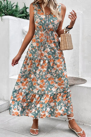 Floral Print Trimmed V Neck Tie Waist Sleeveless Dress - minbolu -