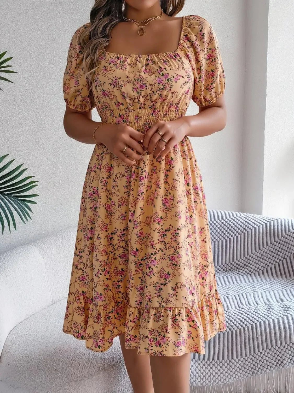 Floral Puff Sleeve Ruffled Hem Boho Dress - minbolu -