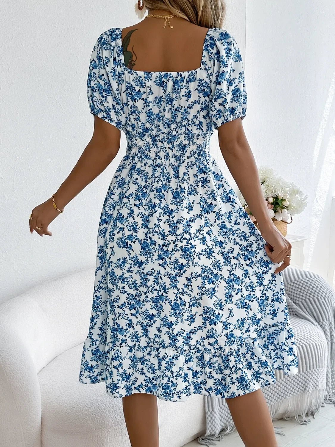 Floral Puff Sleeve Ruffled Hem Boho Dress - minbolu -