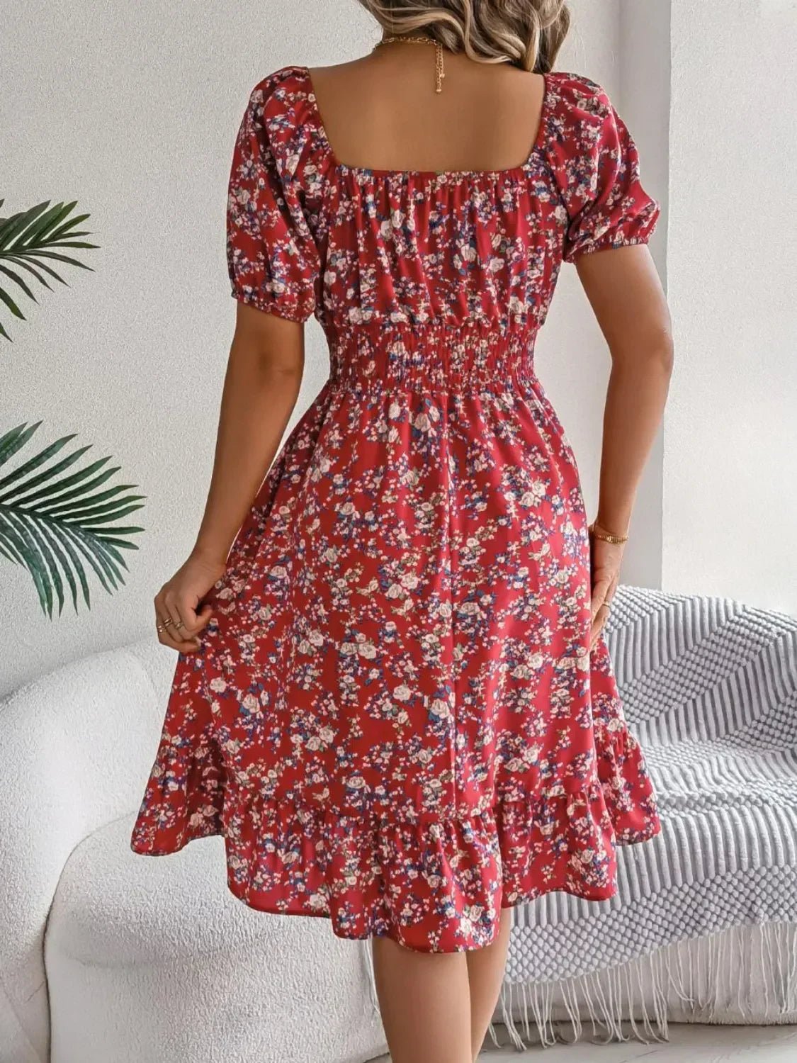 Floral Puff Sleeve Ruffled Hem Boho Dress - minbolu -