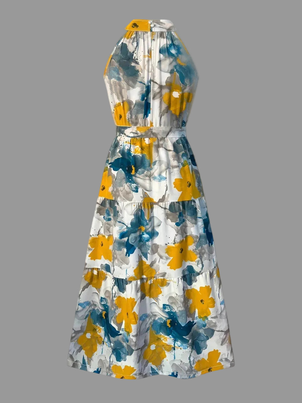 Floral dress with yellow and blue flowers on a white background