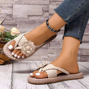 Flower Braided Espadrille Flat Sandals - minbolu -