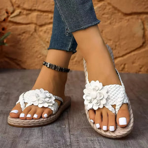 Flower Braided Espadrille Flat Sandals - minbolu -