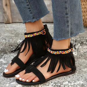 Fringe Ankle Strap Sandals - minbolu -