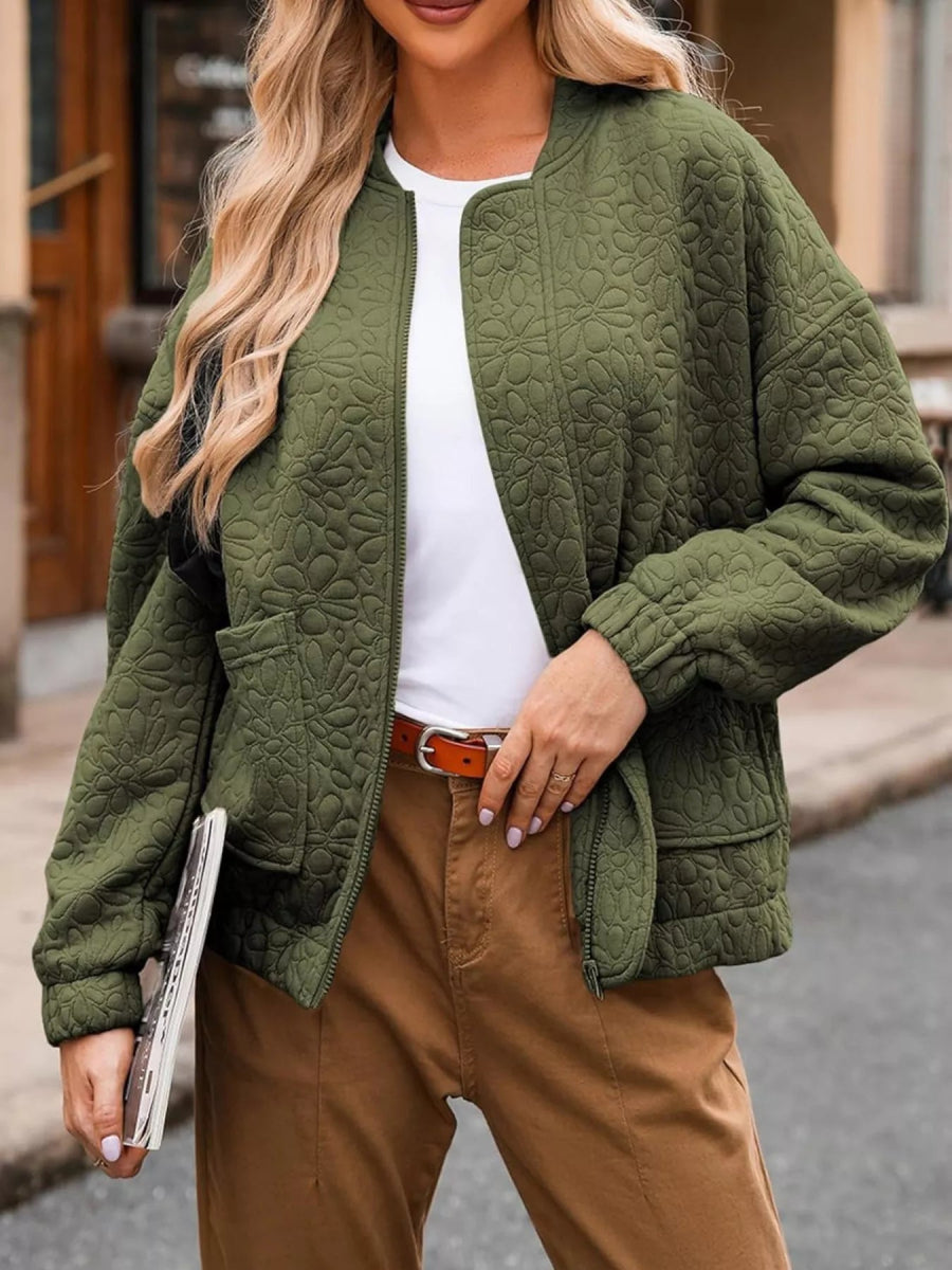 Full Size Floral Quilted Zip Up Jacket Plus Size - minbolu -
