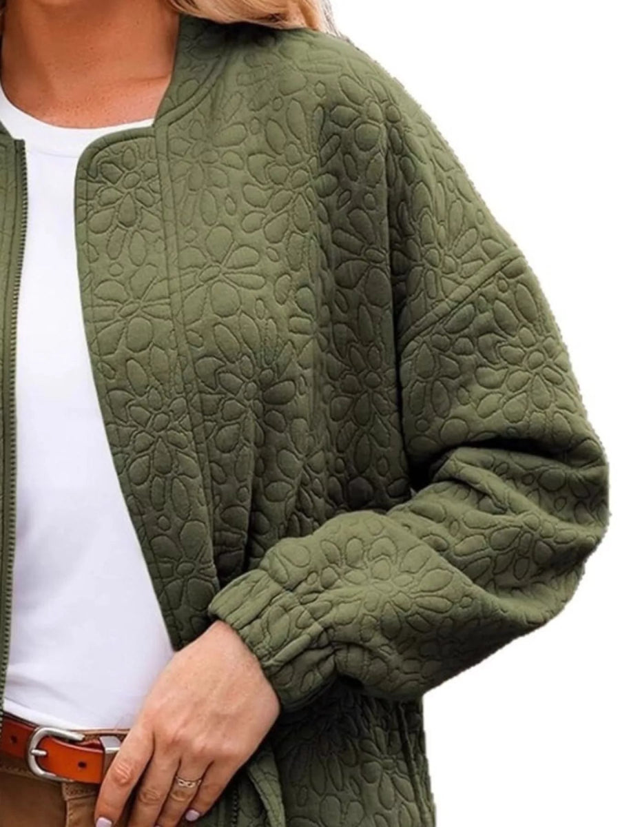 Full Size Floral Quilted Zip Up Jacket Plus Size - minbolu -