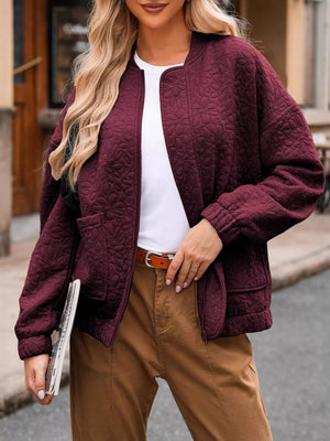 Full Size Floral Quilted Zip Up Jacket Plus Size - minbolu -