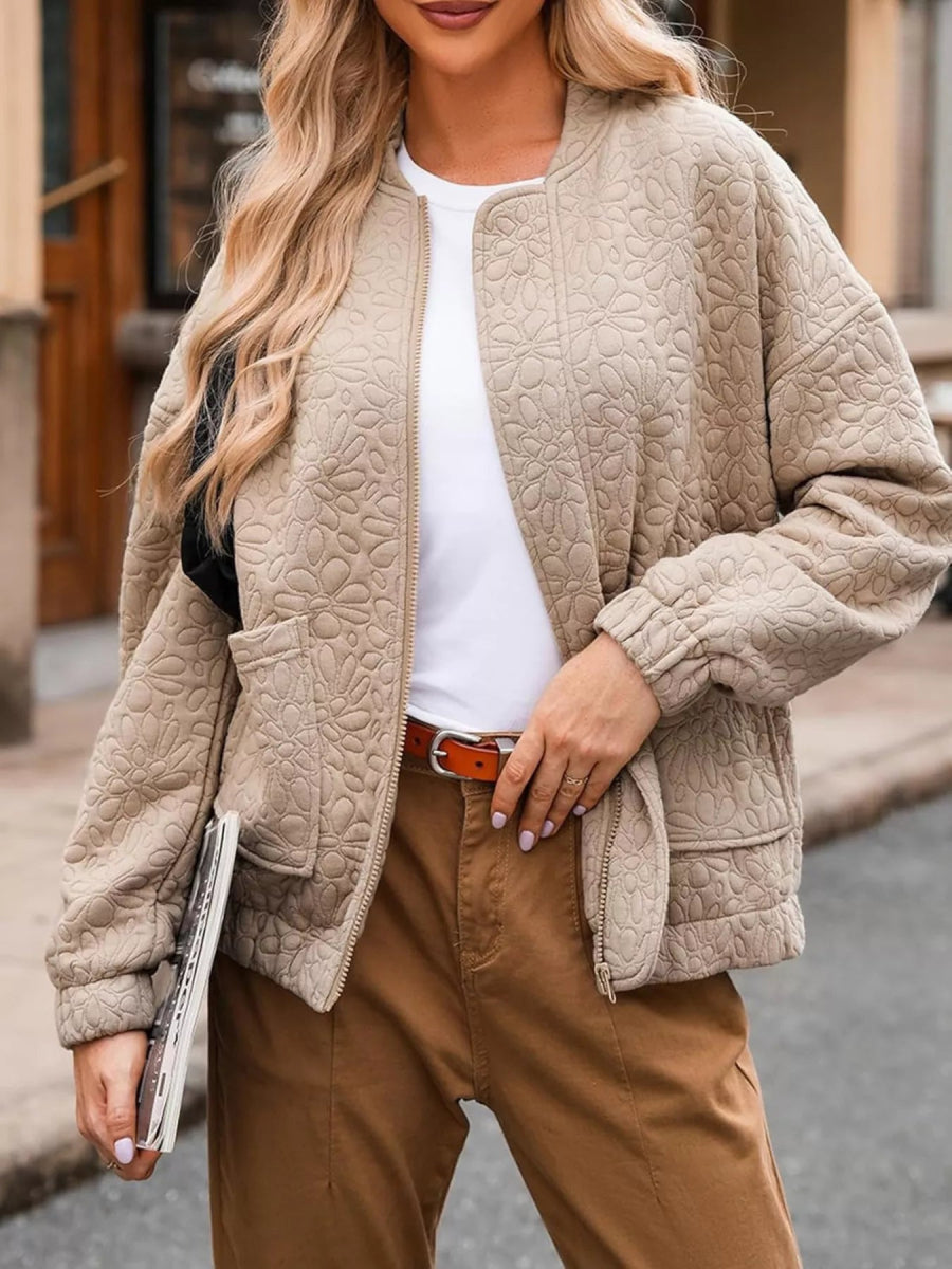Full Size Floral Quilted Zip Up Jacket Plus Size - minbolu -