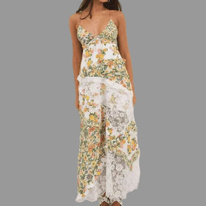 Woman wearing a floral and lace dress against a white background