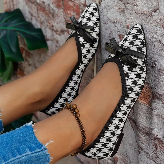 Houndstooth Point Toe Flats Slip-Ons - minbolu -