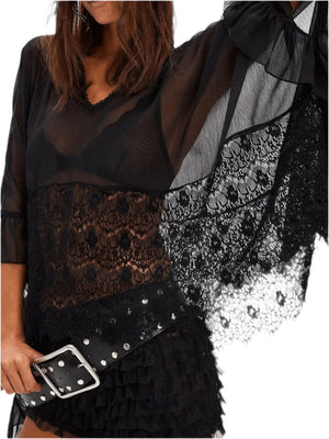 Lace V-Neck Ruffle Cover-Up - Beach Blouse - minbolu -