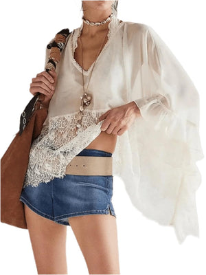 Lace V-Neck Ruffle Cover-Up - Beach Blouse - minbolu -