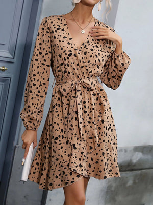 Leopard Surplice Wrap Mini Dress - minbolu -