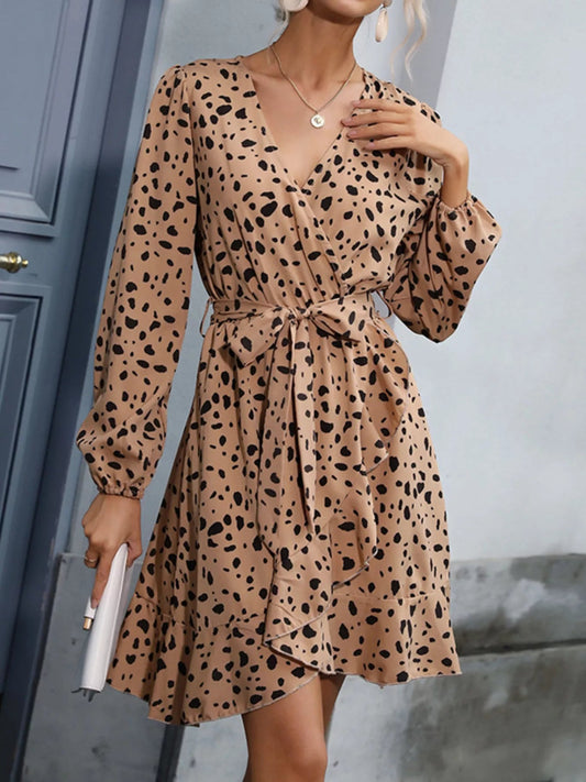 Leopard Surplice Wrap Mini Dress - minbolu -