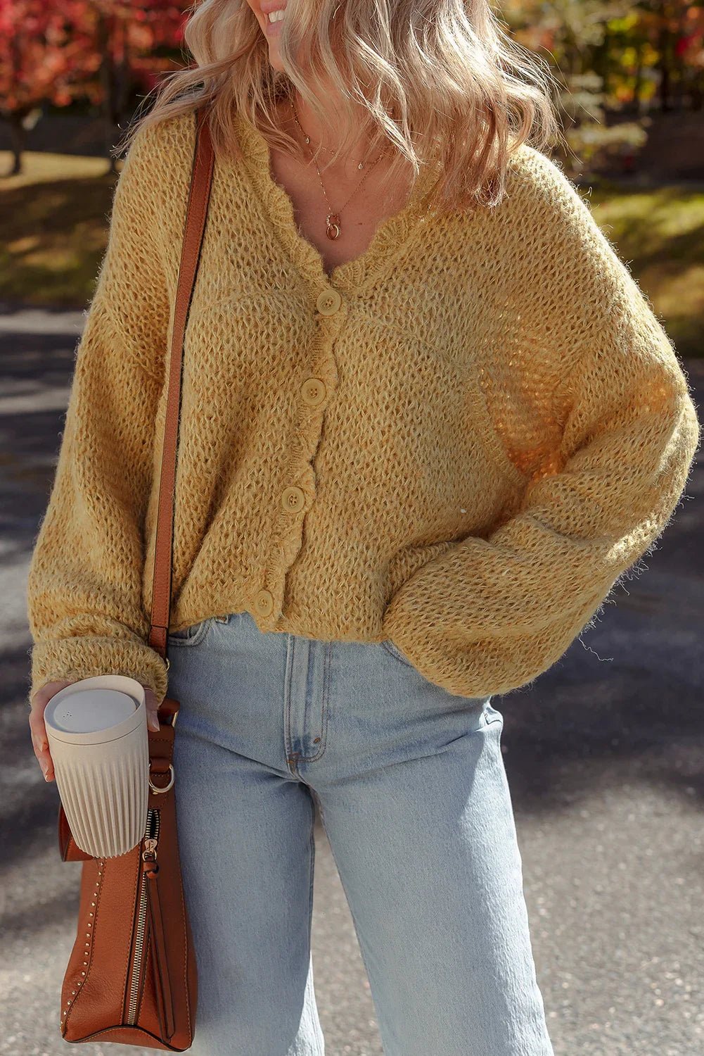 Light French Beige Lantern Sleeve Scallop V Neck Buttoned Front Cardigan - minbolu -