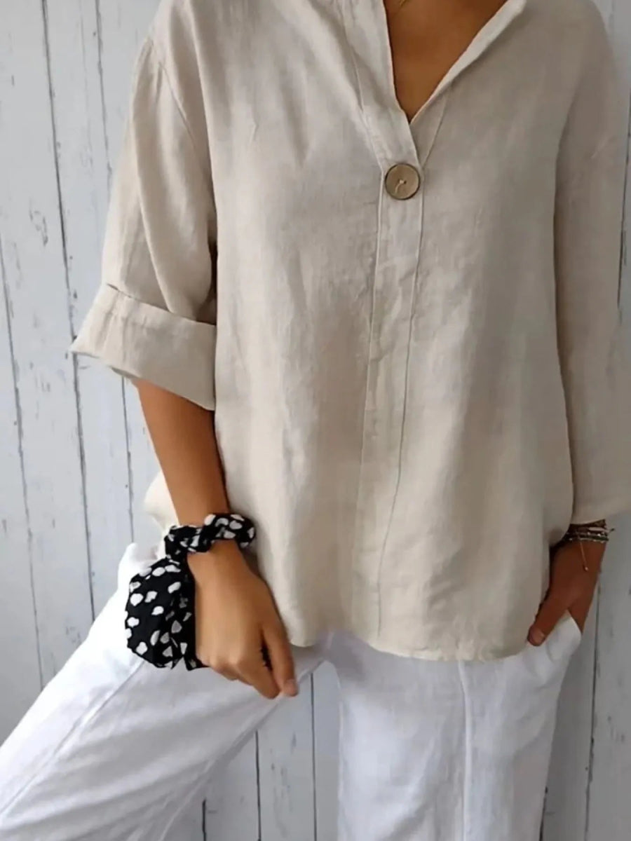 Linen Blend Notched Blouse - Lightweight Minimalist Top for Women - minbolu -