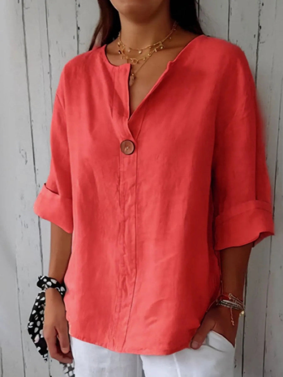 Linen Blend Notched Blouse - Lightweight Minimalist Top for Women - minbolu -