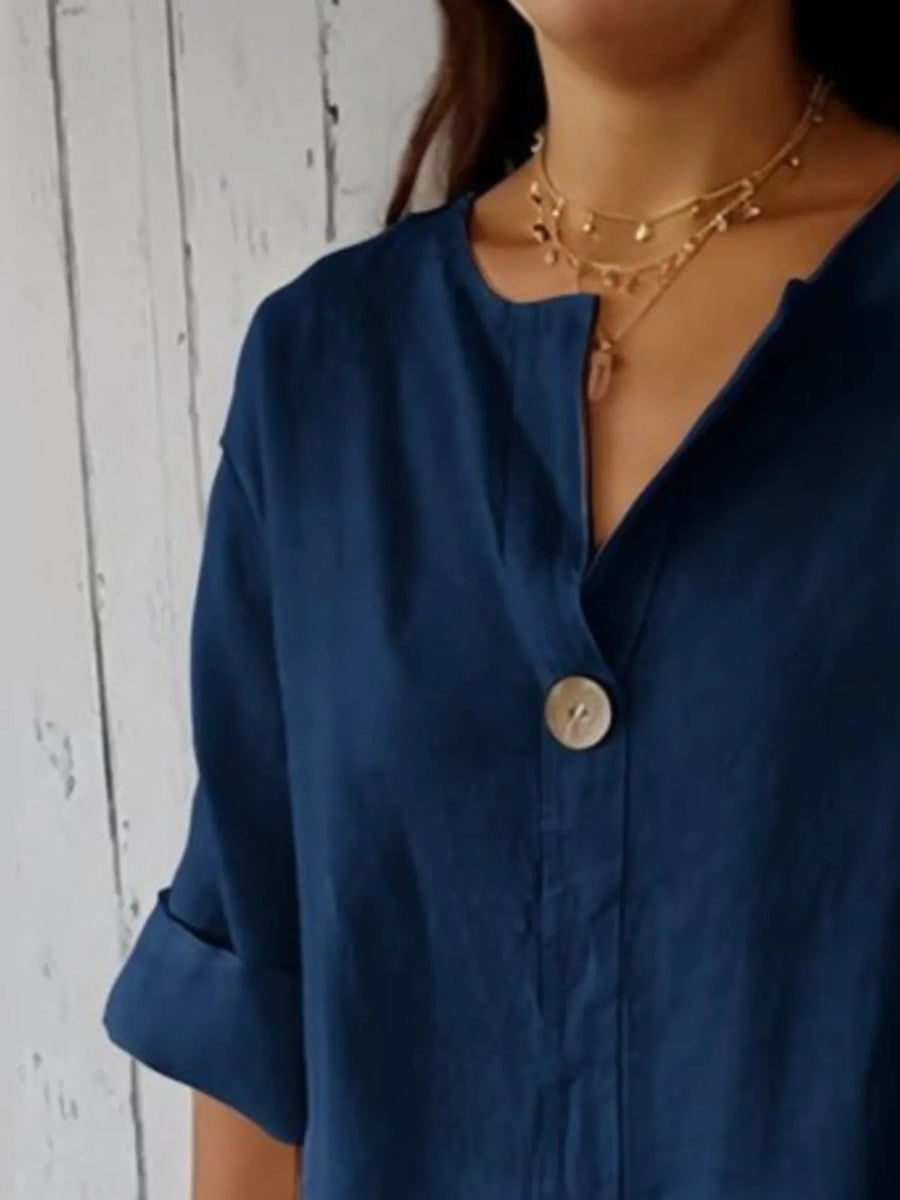 Linen Blend Notched Blouse - Lightweight Minimalist Top for Women - minbolu -