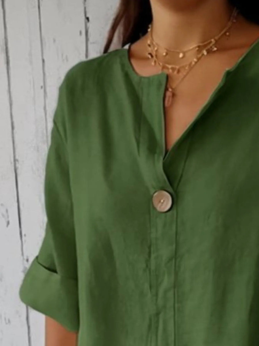 Linen Blend Notched Blouse - Lightweight Minimalist Top for Women - minbolu -