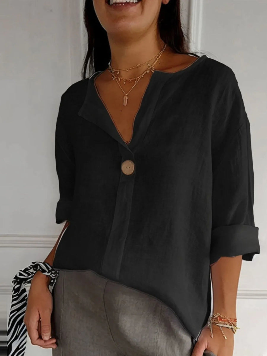 Linen Blend Notched Blouse - Lightweight Minimalist Top for Women - minbolu -