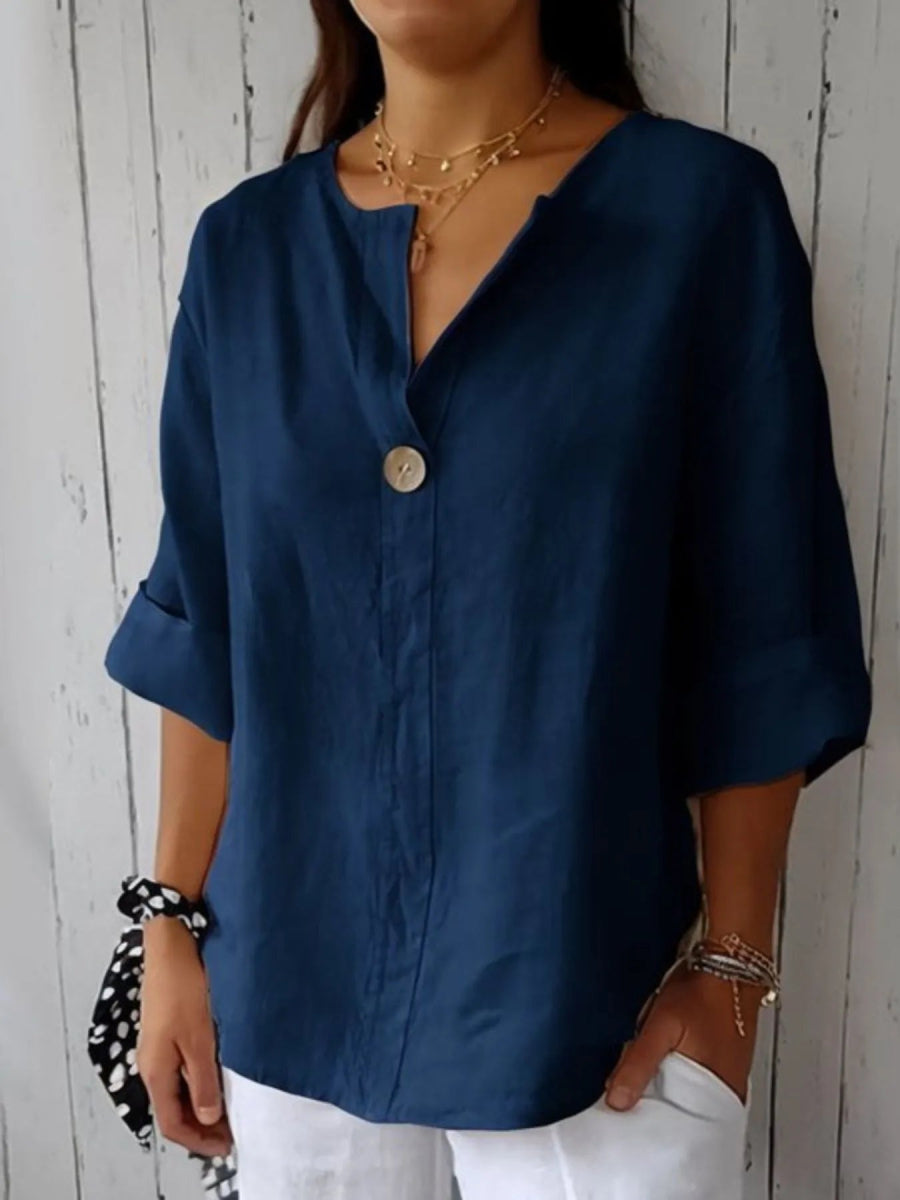 Linen Blend Notched Blouse - Lightweight Minimalist Top for Women - minbolu -