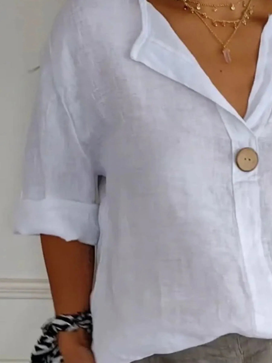 Linen Blend Notched Blouse - Lightweight Minimalist Top for Women - minbolu -