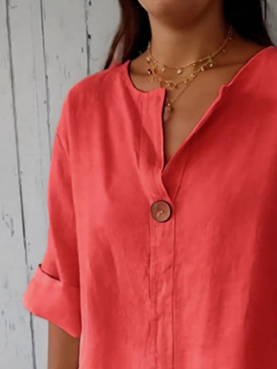 Linen Blend Notched Blouse - Lightweight Minimalist Top for Women - minbolu -