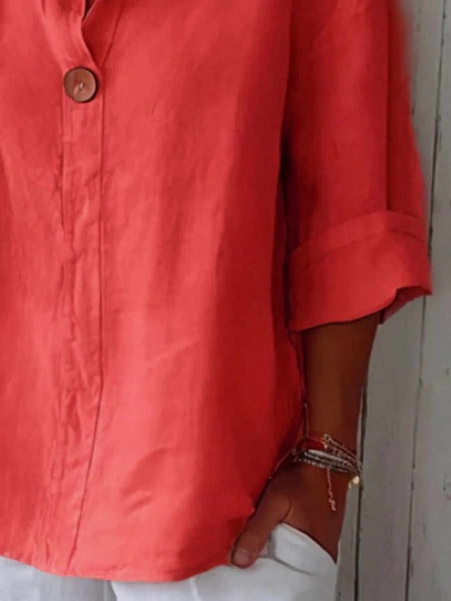 Linen Blend Notched Blouse - Lightweight Minimalist Top for Women - minbolu -