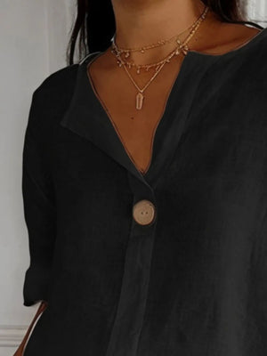 Linen Blend Notched Blouse - Lightweight Minimalist Top for Women - minbolu -