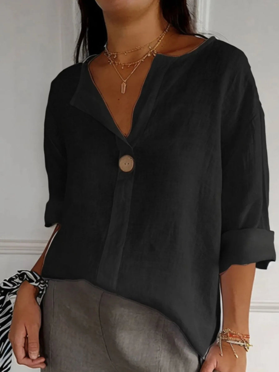 Linen Blend Notched Blouse - Lightweight Minimalist Top for Women - minbolu -