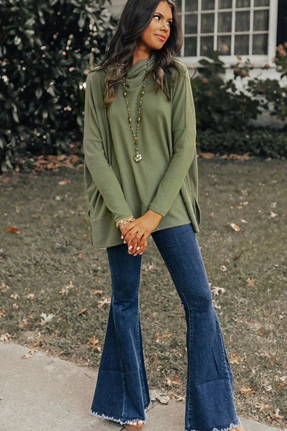 Long Sleeve Blouse - Side Slit High-Low Cowl Neck Style - minbolu -