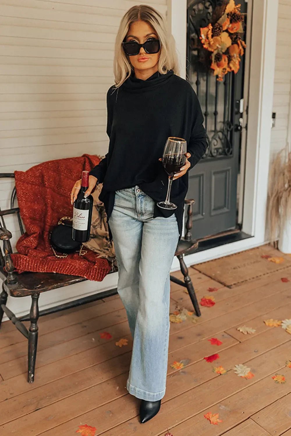 Long Sleeve Blouse - Side Slit High-Low Cowl Neck Style - minbolu -
