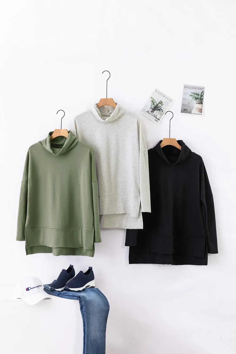 Long Sleeve Blouse - Side Slit High-Low Cowl Neck Style - minbolu -