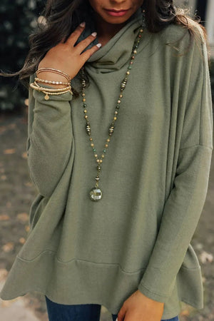 Long Sleeve Blouse - Side Slit High-Low Cowl Neck Style - minbolu -