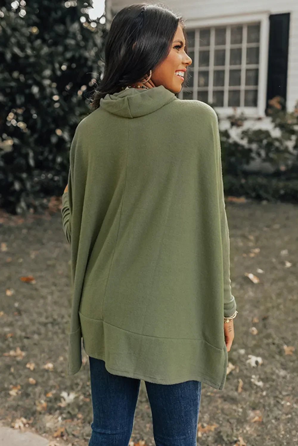 Long Sleeve Blouse - Side Slit High-Low Cowl Neck Style - minbolu -